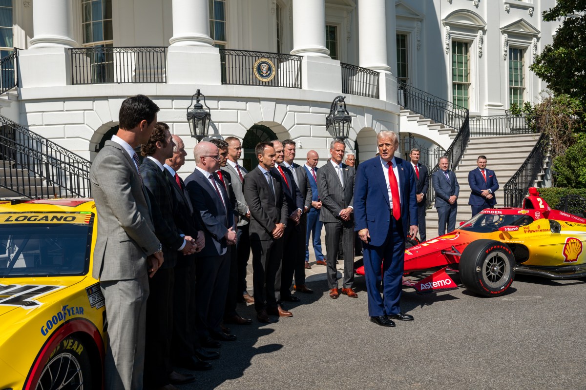 President Donald Trump participates in a photo opportunity with 2024 NASCAR Cup Series Champion Joey Logano and other racing champions, Wednesday, April 9, 2025, at the South Portico of the White House. (Official White House Photo by Joyce N. Boghosian)