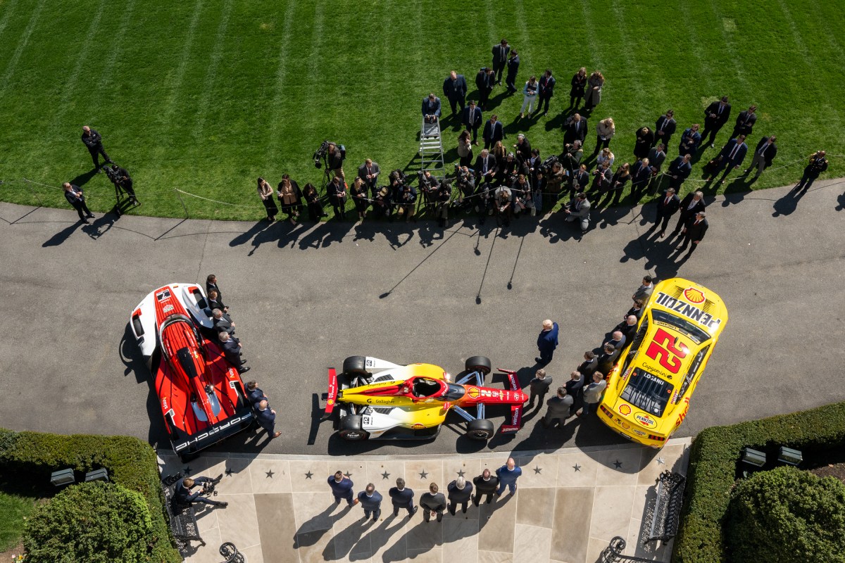 President Donald Trump participates in a photo opportunity with 2024 NASCAR Cup Series Champion Joey Logano and other racing champions, Wednesday, April 9, 2025, at the South Portico of the White House. (Official White House Photo by Molly Riley)