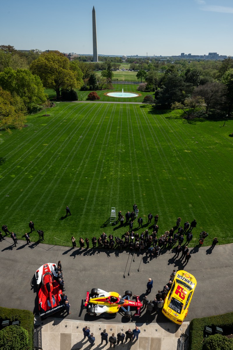 President Donald Trump participates in a photo opportunity with 2024 NASCAR Cup Series Champion Joey Logano and other racing champions, Wednesday, April 9, 2025, at the South Portico of the White House. (Official White House Photo by Molly Riley)