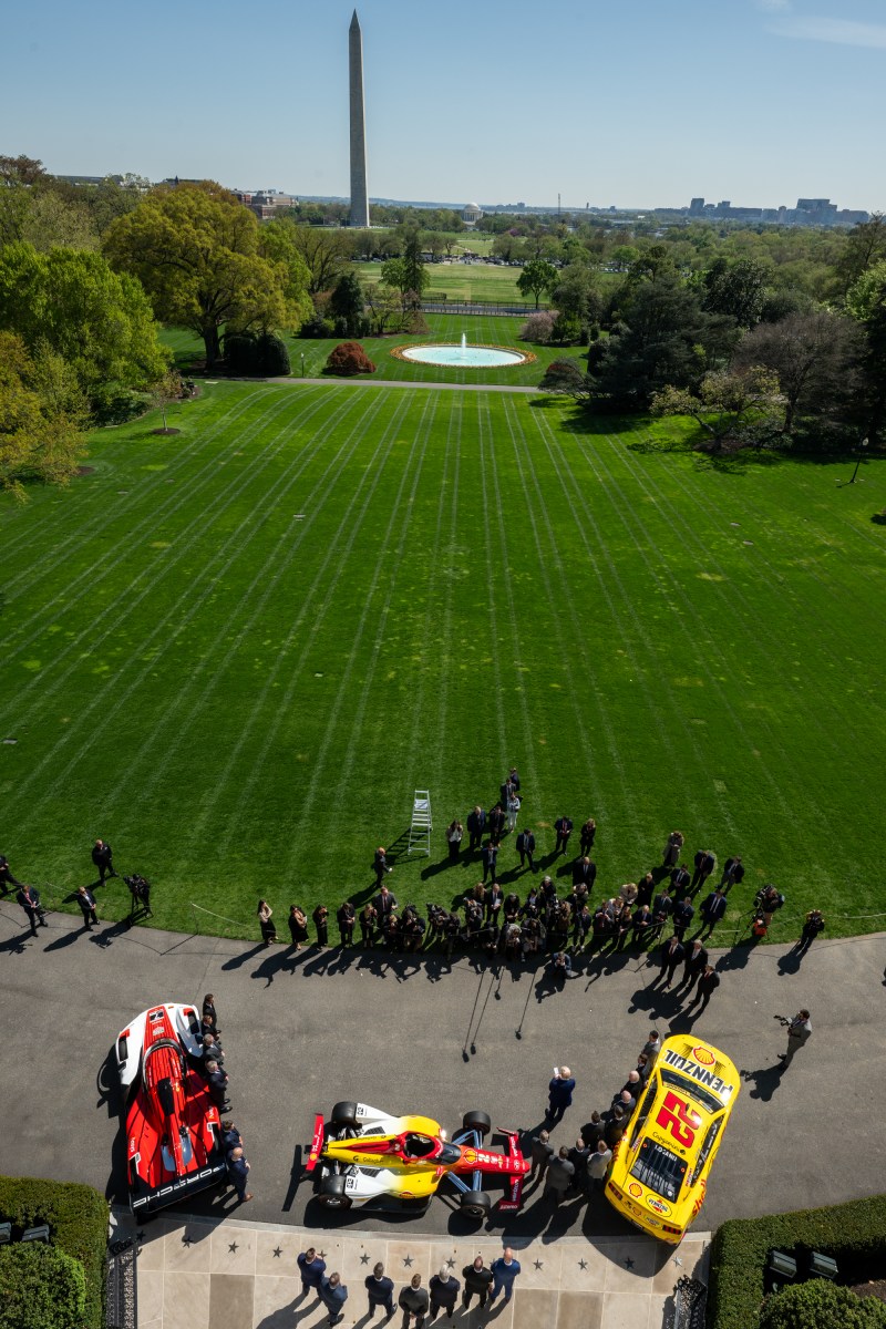 President Donald Trump participates in a photo opportunity with 2024 NASCAR Cup Series Champion Joey Logano and other racing champions, Wednesday, April 9, 2025, at the South Portico of the White House. (Official White House Photo by Molly Riley)
