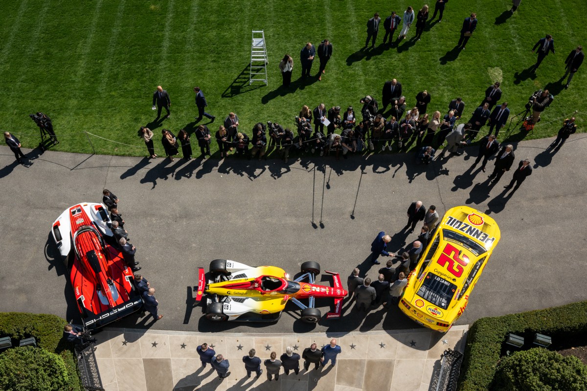 President Donald Trump participates in a photo opportunity with 2024 NASCAR Cup Series Champion Joey Logano and other racing champions, Wednesday, April 9, 2025, at the South Portico of the White House. (Official White House Photo by Molly Riley)
