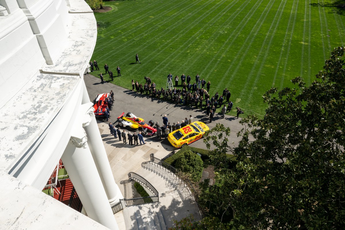 President Donald Trump participates in a photo opportunity with 2024 NASCAR Cup Series Champion Joey Logano and other racing champions, Wednesday, April 9, 2025, at the South Portico of the White House. (Official White House Photo by Molly Riley)
