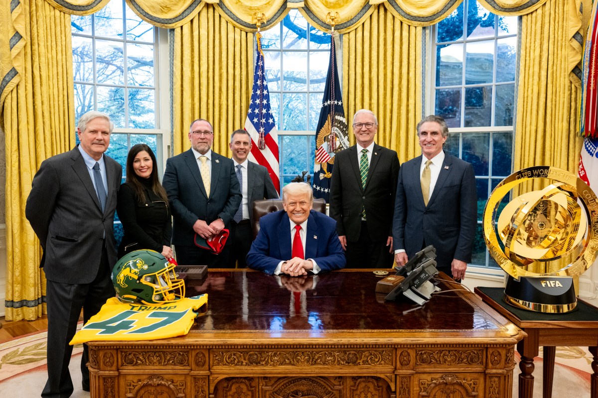 President Donald Trump poses for a photo with the North Dakota State University Bison football team, Wednesday, April 9, 2025, in the East Room of the White House. (Official White House Photo by Molly Roberts)