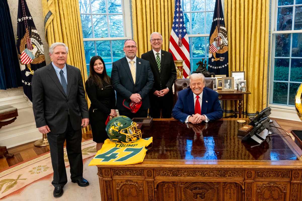 President Donald Trump poses for a photo with the North Dakota State University Bison football team, Wednesday, April 9, 2025, in the East Room of the White House. (Official White House Photo by Molly Roberts)