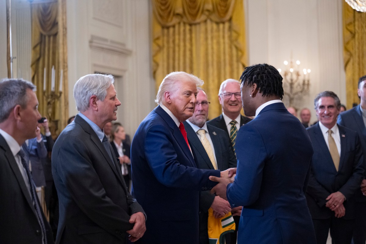 President Donald Trump greets the North Dakota State University Bison football team, Wednesday, April 9, 2025, in the East Room of the White House. (Official White House Photo by Molly Riley)