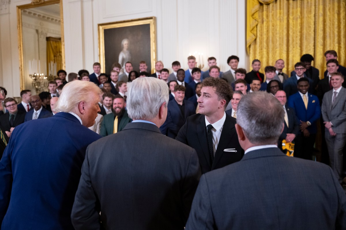 President Donald Trump greets the North Dakota State University Bison football team, Wednesday, April 9, 2025, in the East Room of the White House. (Official White House Photo by Molly Riley)