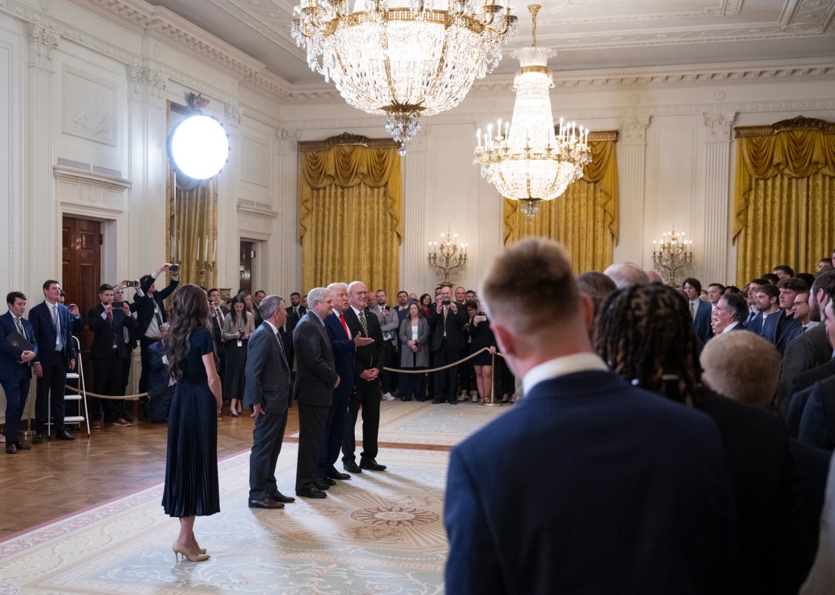 President Donald Trump greets the North Dakota State University Bison football team, Wednesday, April 9, 2025, in the East Room of the White House. (Official White House Photo by Molly Riley)