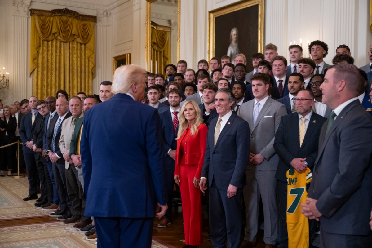 President Donald Trump greets the North Dakota State University Bison football team, Wednesday, April 9, 2025, in the East Room of the White House. (Official White House Photo by Molly Riley)