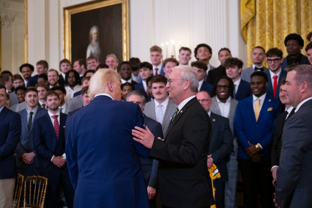 President Donald Trump greets the North Dakota State University Bison football team, Wednesday, April 9, 2025, in the East Room of the White House. (Official White House Photo by Molly Riley)