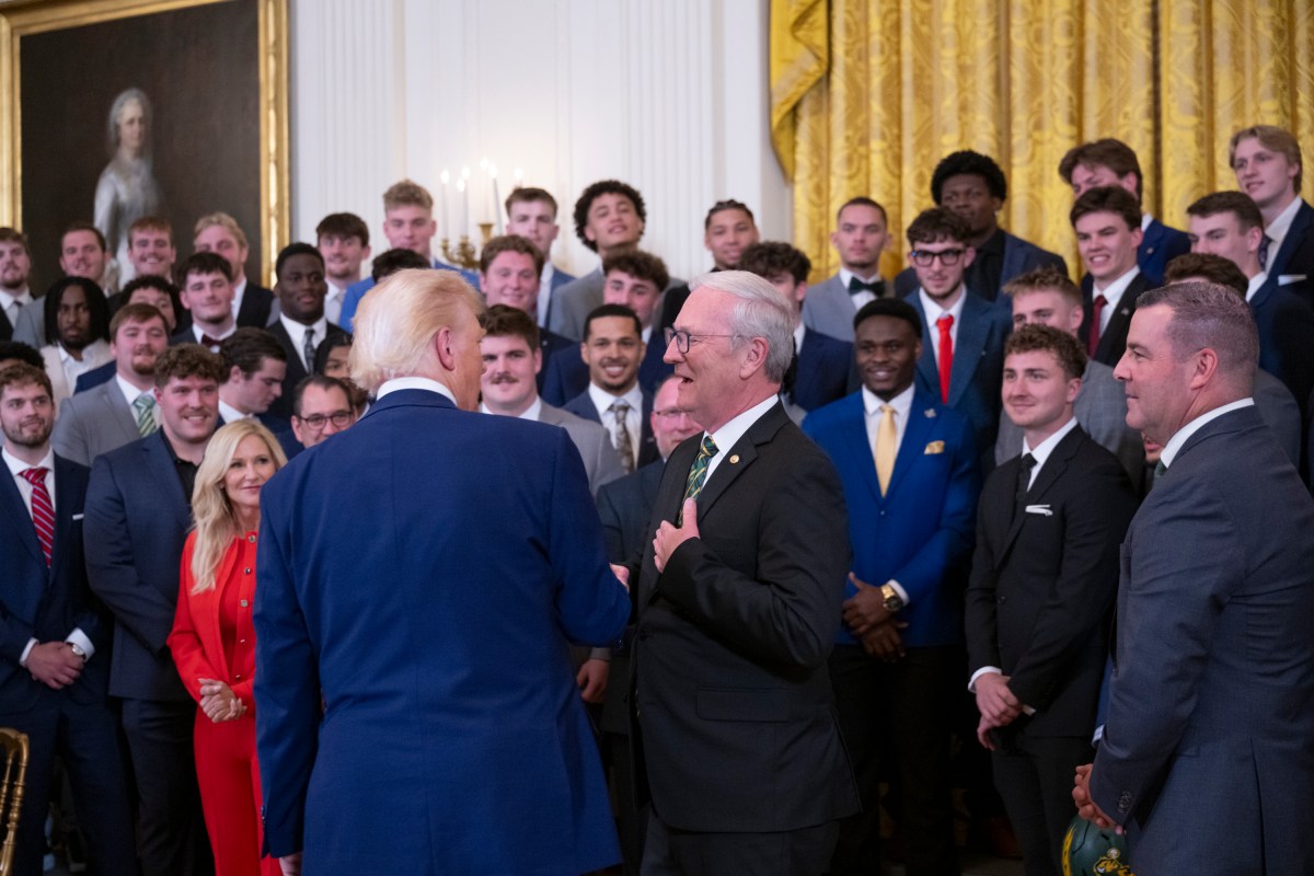 President Donald Trump greets the North Dakota State University Bison football team, Wednesday, April 9, 2025, in the East Room of the White House. (Official White House Photo by Molly Riley)