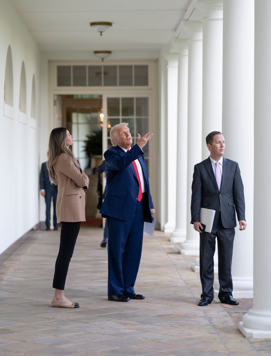 President Donald Trump walks along the West Colonnade to the Oval Office, Wednesday, April 9, 2025, after greeting the North Dakota State University Bison football team. (Official White House Photo by Molly Riley)