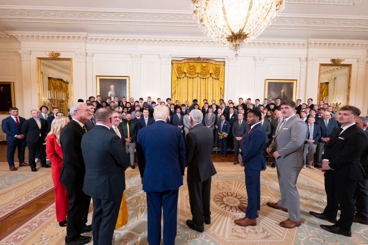 President Donald Trump greets the North Dakota State University Bison football team, Wednesday, April 9, 2025, in the East Room of the White House. (Official White House Photo by Molly Riley)