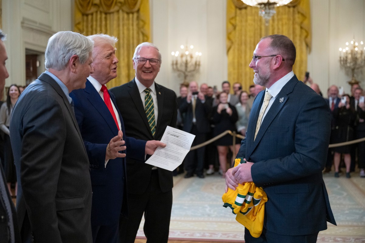 President Donald Trump greets the North Dakota State University Bison football team, Wednesday, April 9, 2025, in the East Room of the White House. (Official White House Photo by Molly Riley)