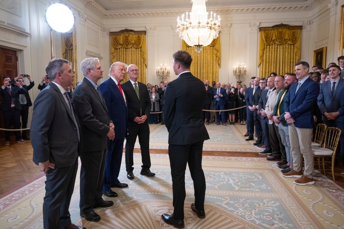 President Donald Trump greets the North Dakota State University Bison football team, Wednesday, April 9, 2025, in the East Room of the White House. (Official White House Photo by Molly Riley)