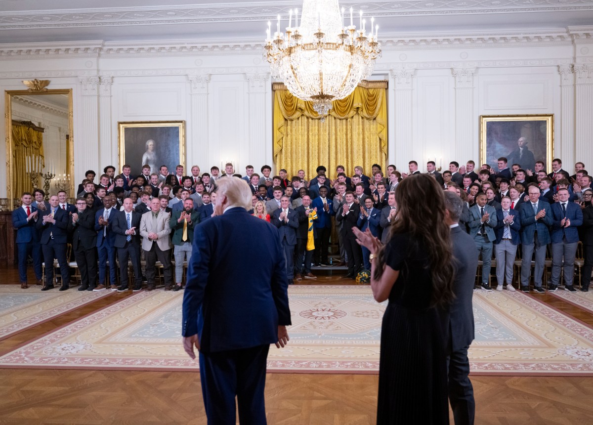 President Donald Trump arrives to the East Room for an event with the North Dakota State University Bison football team, Wednesday, April 9, 2025. (Official White House Photo by Molly Riley)
