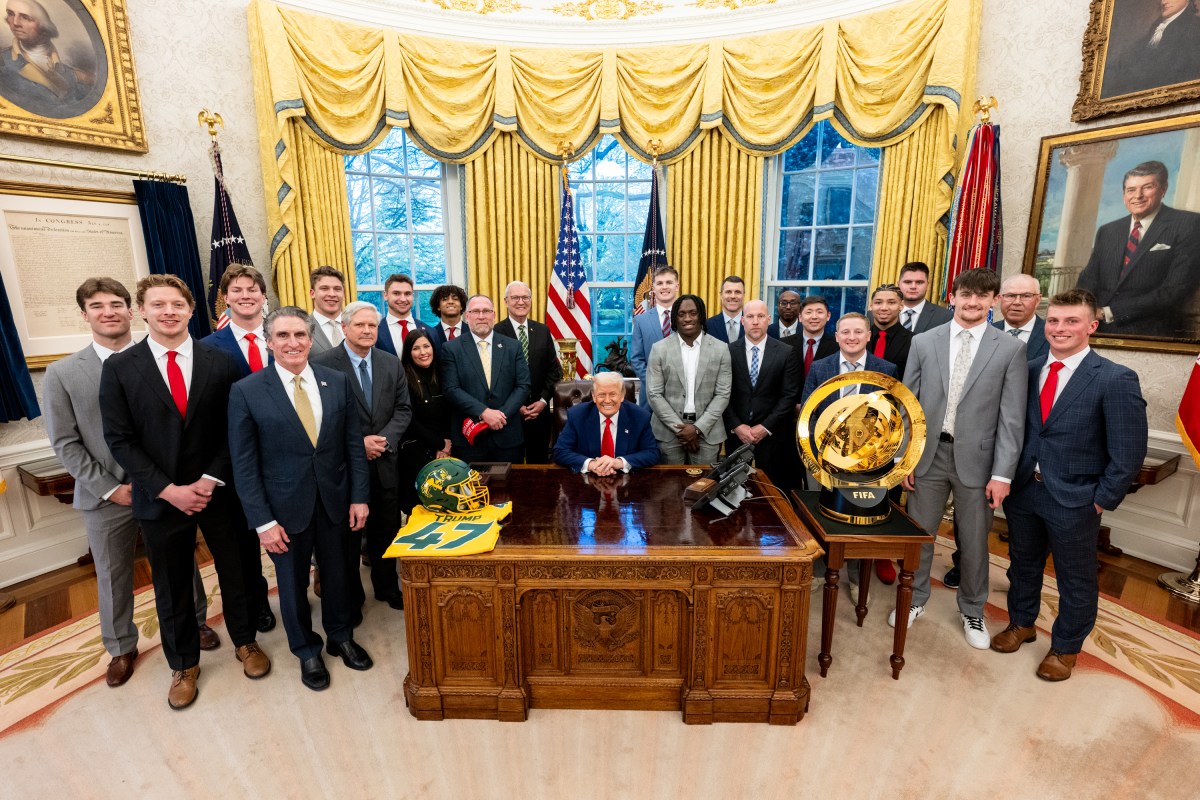 President Donald Trump poses for a photo with the North Dakota State University Bison football team, Wednesday, April 9, 2025, in the East Room of the White House. (Official White House Photo by Molly Roberts)