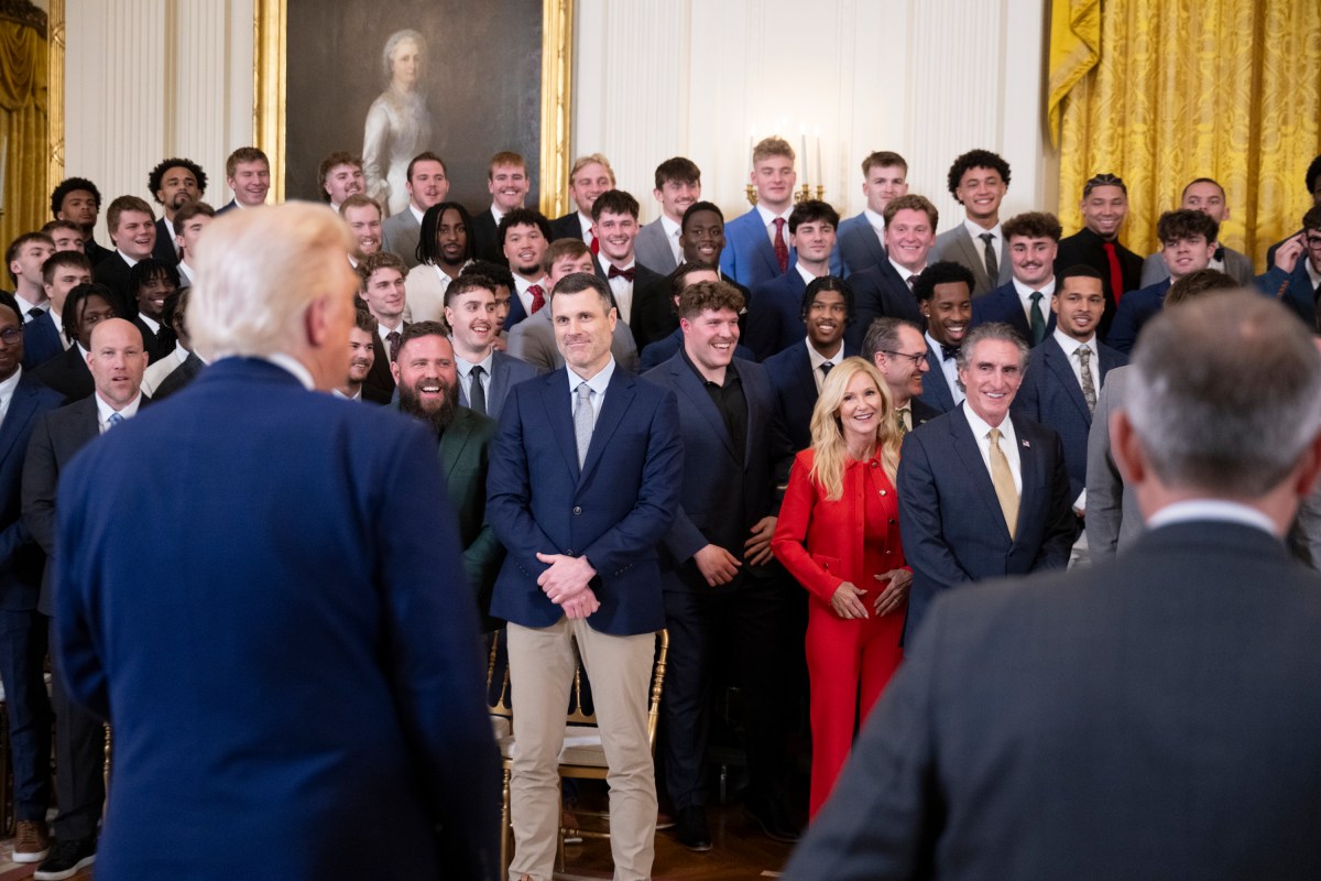 President Donald Trump greets the North Dakota State University Bison football team, Wednesday, April 9, 2025, in the East Room of the White House. (Official White House Photo by Molly Riley)