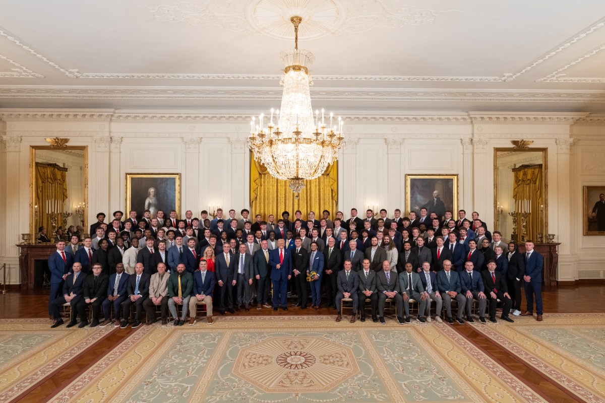 President Donald Trump poses for a photo with the North Dakota State University Bison football team, Wednesday, April 9, 2025, in the East Room of the White House. (Official White House Photo by Joyce N. Boghosian)