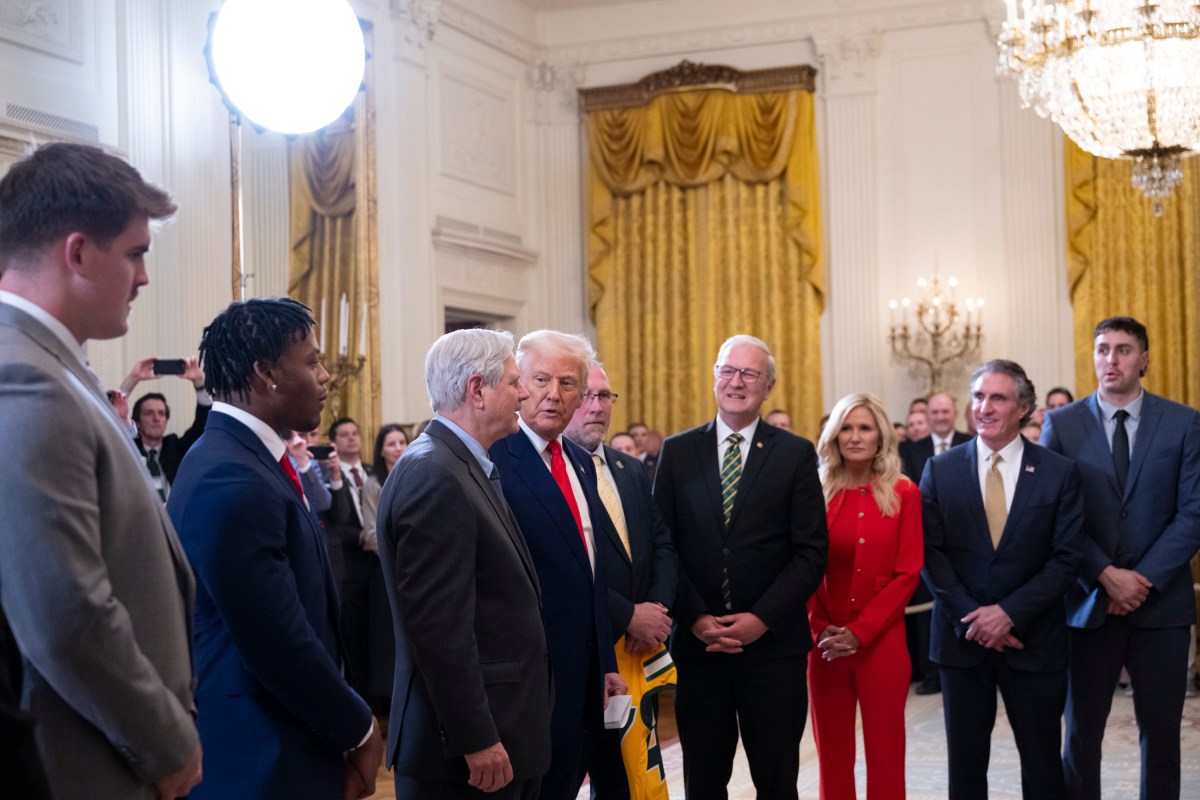 President Donald Trump greets the North Dakota State University Bison football team, Wednesday, April 9, 2025, in the East Room of the White House. (Official White House Photo by Molly Riley)