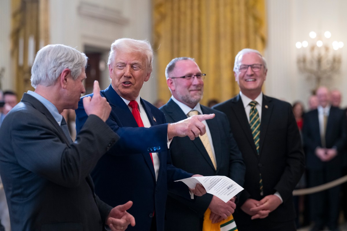 President Donald Trump greets the North Dakota State University Bison football team, Wednesday, April 9, 2025, in the East Room of the White House. (Official White House Photo by Molly Riley)