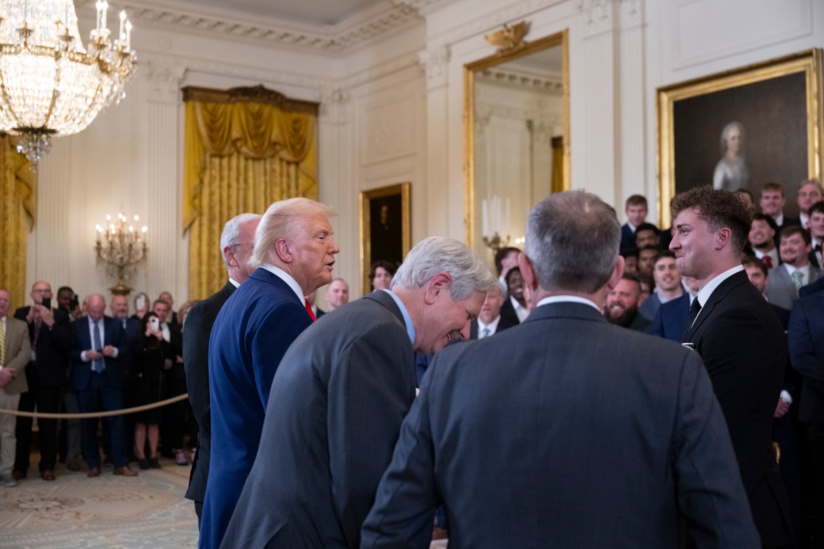 President Donald Trump greets the North Dakota State University Bison football team, Wednesday, April 9, 2025, in the East Room of the White House. (Official White House Photo by Molly Riley)