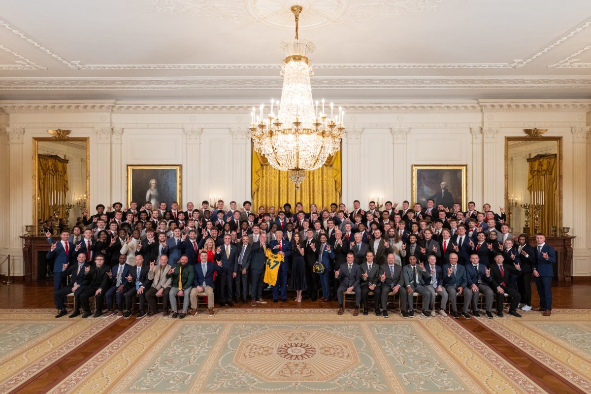 President Donald Trump poses for a photo with the North Dakota State University Bison football team, Wednesday, April 9, 2025, in the East Room of the White House. (Official White House Photo by Joyce N. Boghosian)