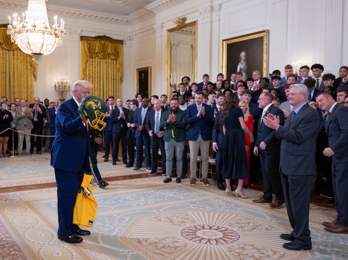 President Donald Trump greets the North Dakota State University Bison football team, Wednesday, April 9, 2025, in the East Room of the White House. (Official White House Photo by Molly Riley)