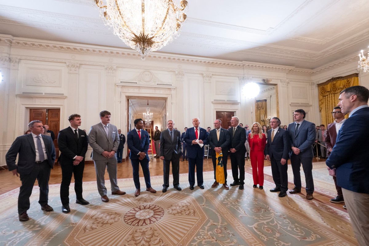 President Donald Trump greets the North Dakota State University Bison football team, Wednesday, April 9, 2025, in the East Room of the White House. (Official White House Photo by Molly Riley)
