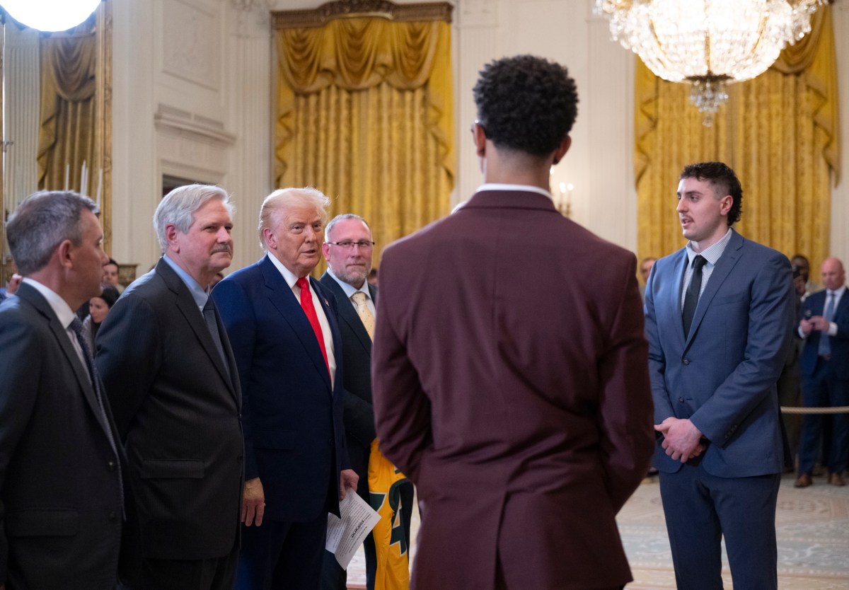 President Donald Trump greets the North Dakota State University Bison football team, Wednesday, April 9, 2025, in the East Room of the White House. (Official White House Photo by Molly Riley)