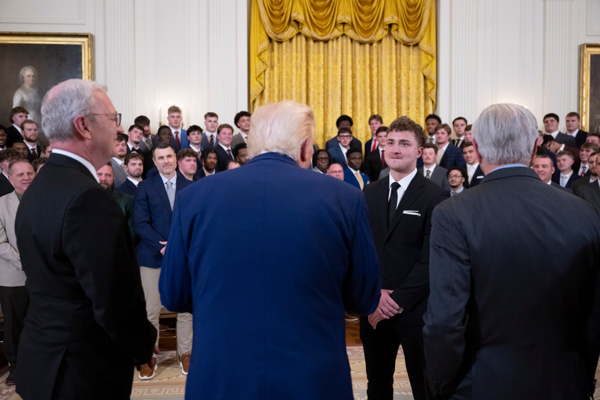 President Donald Trump greets the North Dakota State University Bison football team, Wednesday, April 9, 2025, in the East Room of the White House. (Official White House Photo by Molly Riley)