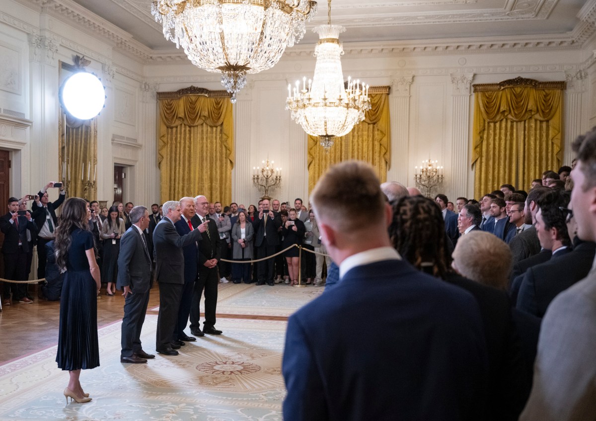 President Donald Trump greets the North Dakota State University Bison football team, Wednesday, April 9, 2025, in the East Room of the White House. (Official White House Photo by Molly Riley)