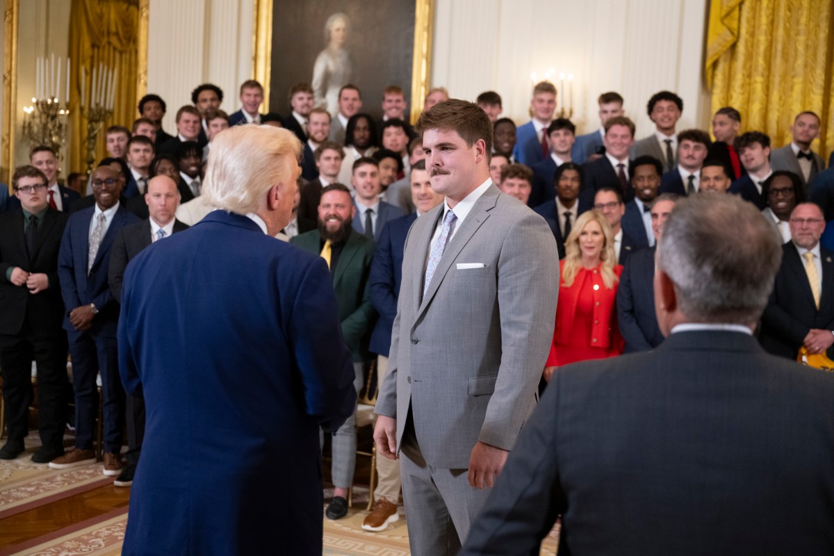 President Donald Trump greets the North Dakota State University Bison football team, Wednesday, April 9, 2025, in the East Room of the White House. (Official White House Photo by Molly Riley)
