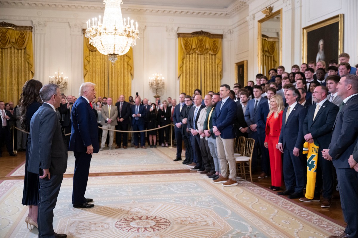 President Donald Trump greets the North Dakota State University Bison football team, Wednesday, April 9, 2025, in the East Room of the White House. (Official White House Photo by Molly Riley)