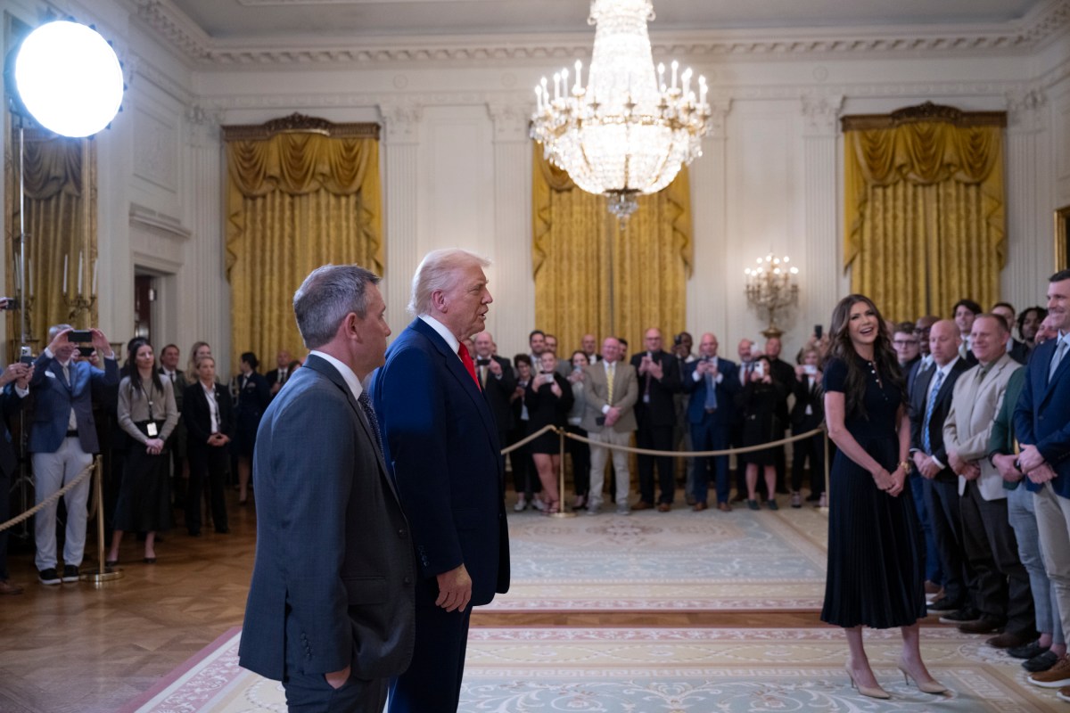 President Donald Trump greets the North Dakota State University Bison football team, Wednesday, April 9, 2025, in the East Room of the White House. (Official White House Photo by Molly Riley)