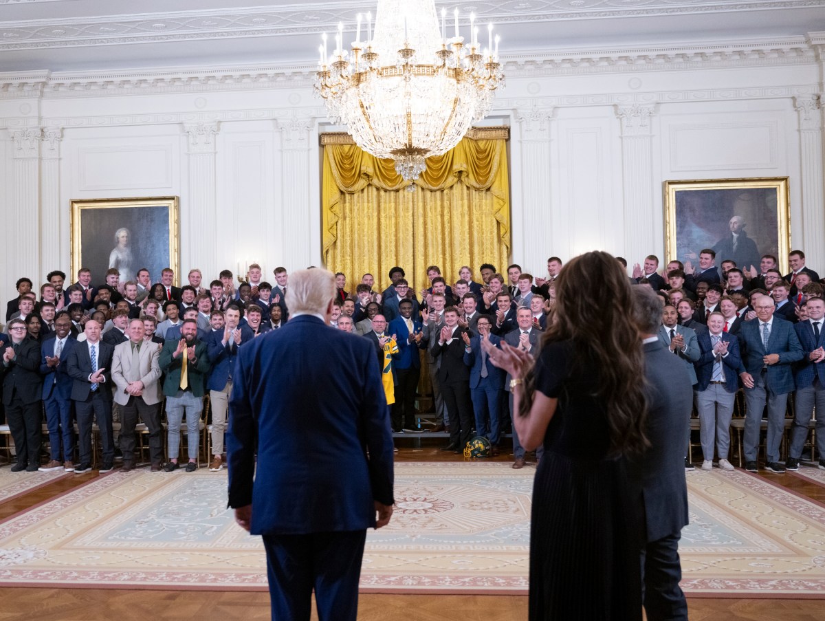 President Donald Trump arrives to the East Room for an event with the North Dakota State University Bison football team, Wednesday, April 9, 2025. (Official White House Photo by Molly Riley)