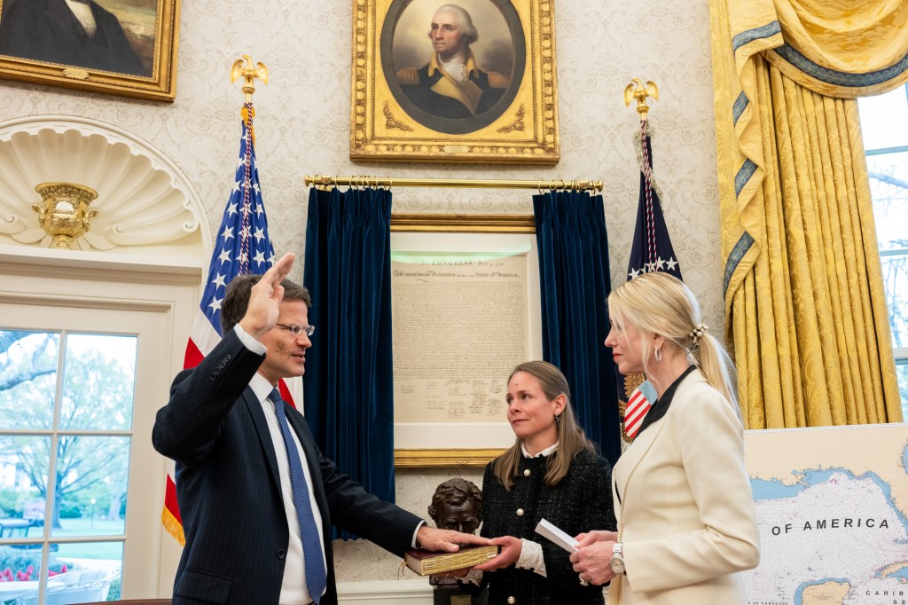President Donald Trump participates in the swearing-in ceremony for Solicitor General Dean John Sauer, Thursday, April 10, 2025, in the Oval Office. (Official White House Photo by Joyce N. Boghosian)