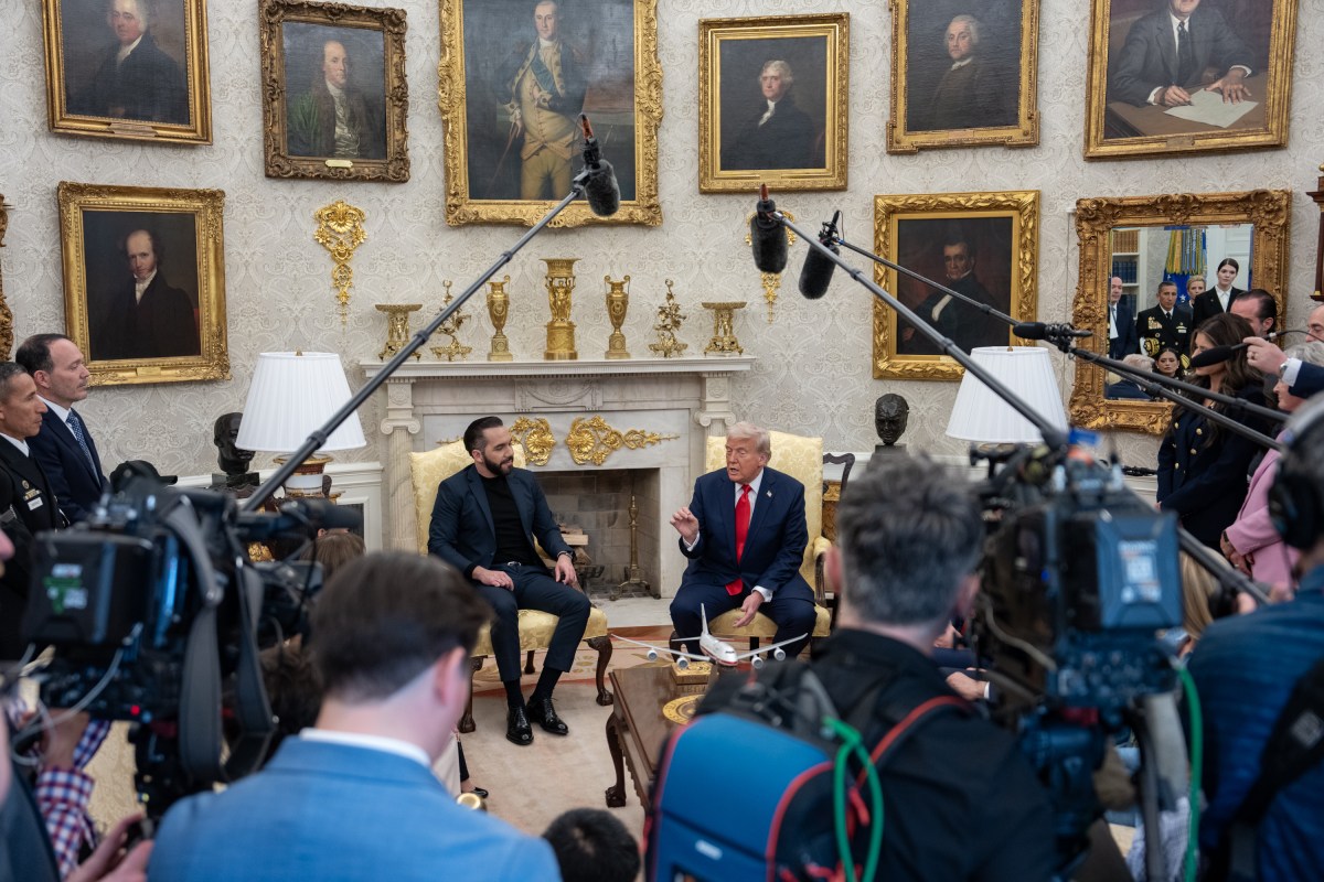 President Donald Trump hosts a bilateral meeting with President Nayib Bukele of El Salvador, Monday, April 14, 2025, in the Oval Office. Vice President JD Vance attends. (Official White House Photo by Emily J. Higgins)