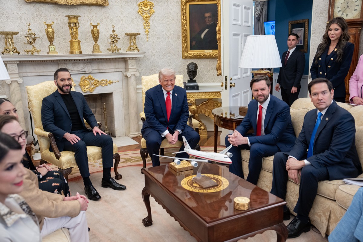President Donald Trump hosts a bilateral meeting with President Nayib Bukele of El Salvador, Monday, April 14, 2025, in the Oval Office. Vice President JD Vance attends. (Official White House Photo by Emily J. Higgins)