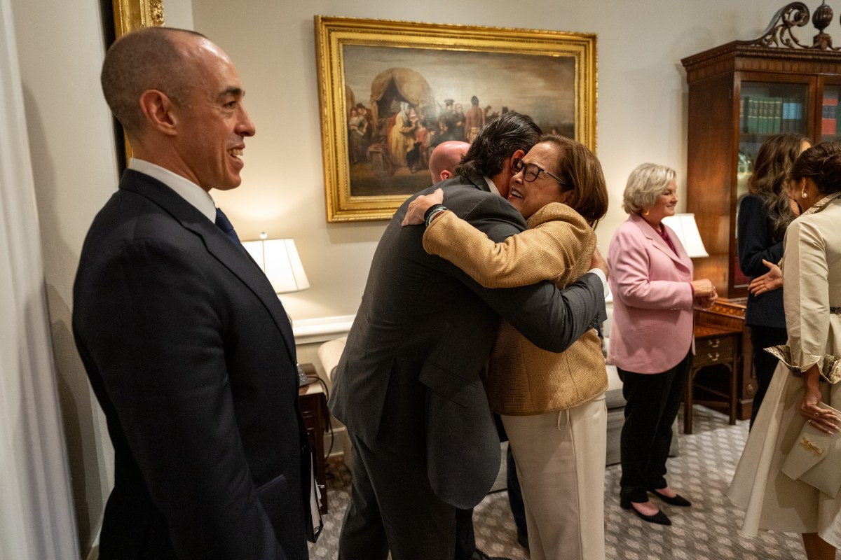 President Nayib Bukele of El Salvador greets members of the U.S. delegation in the West Wing Lobby of the White House, Monday, April 14, 2025, as he arrives for a bilateral meeting with President Donald Trump. (Official White House Photo by Joyce N. Boghosian)