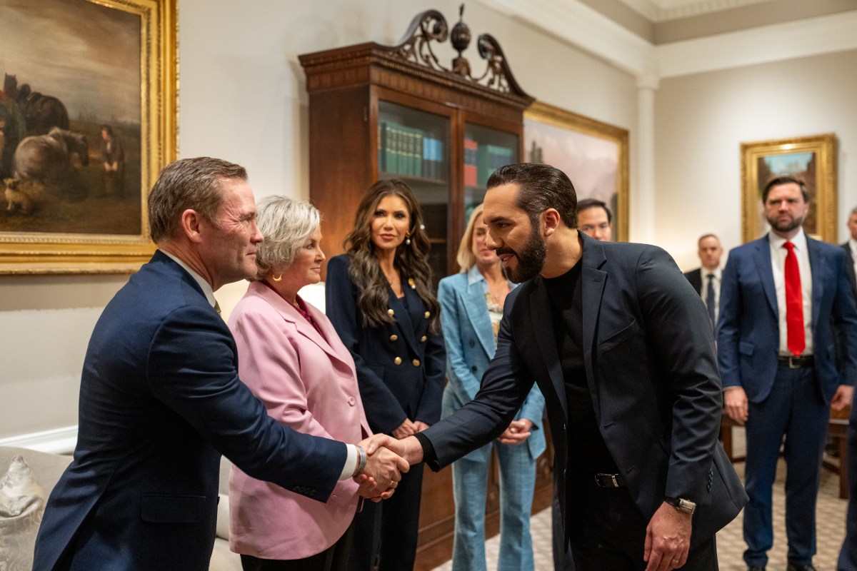 President Nayib Bukele of El Salvador greets members of the U.S. delegation in the West Wing Lobby of the White House, Monday, April 14, 2025, as he arrives for a bilateral meeting with President Donald Trump. (Official White House Photo by Joyce N. Boghosian)