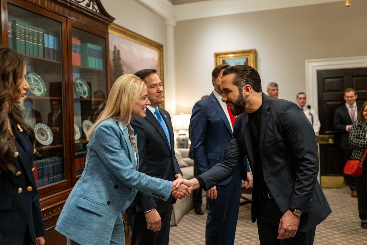 President Nayib Bukele of El Salvador greets members of the U.S. delegation in the West Wing Lobby of the White House, Monday, April 14, 2025, as he arrives for a bilateral meeting with President Donald Trump. (Official White House Photo by Joyce N. Boghosian)