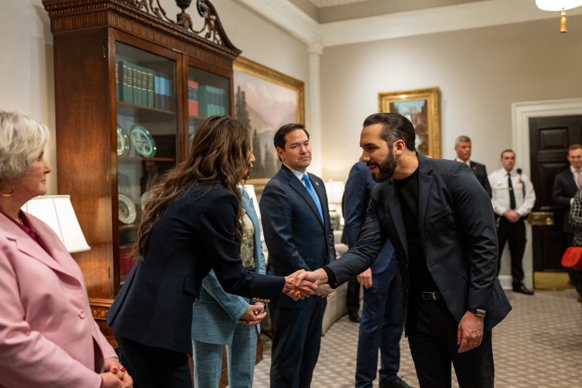 President Nayib Bukele of El Salvador greets members of the U.S. delegation in the West Wing Lobby of the White House, Monday, April 14, 2025, as he arrives for a bilateral meeting with President Donald Trump. (Official White House Photo by Joyce N. Boghosian)