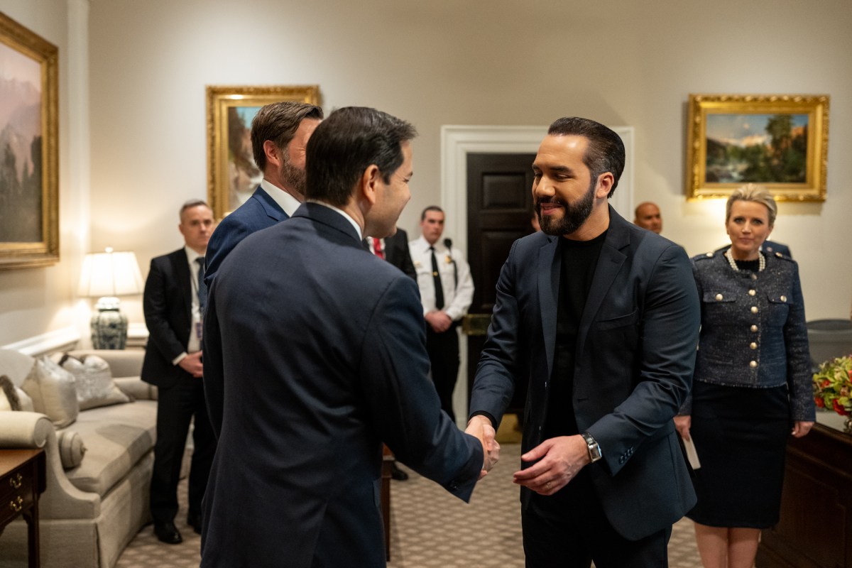 President Nayib Bukele of El Salvador greets members of the U.S. delegation in the West Wing Lobby of the White House, Monday, April 14, 2025, as he arrives for a bilateral meeting with President Donald Trump. (Official White House Photo by Joyce N. Boghosian)