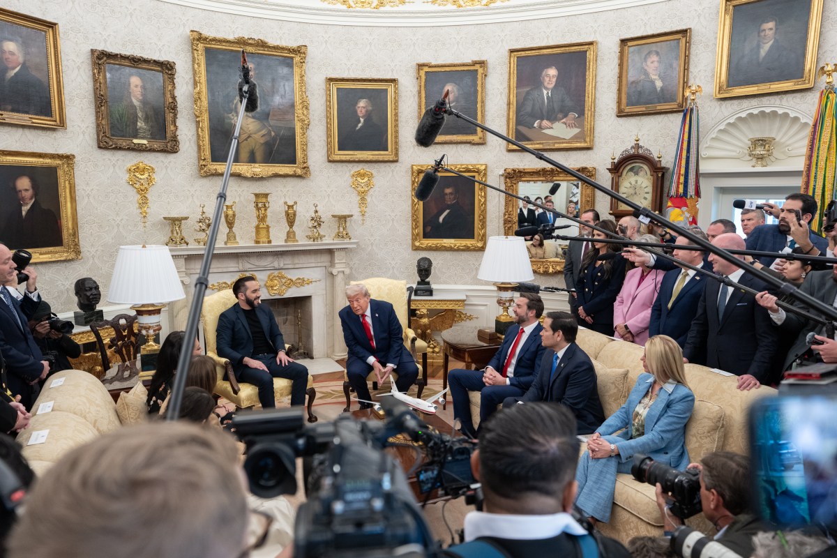 President Donald Trump hosts a bilateral meeting with President Nayib Bukele of El Salvador, Monday, April 14, 2025, in the Oval Office. Vice President JD Vance attends. (Official White House Photo by Emily J. Higgins)