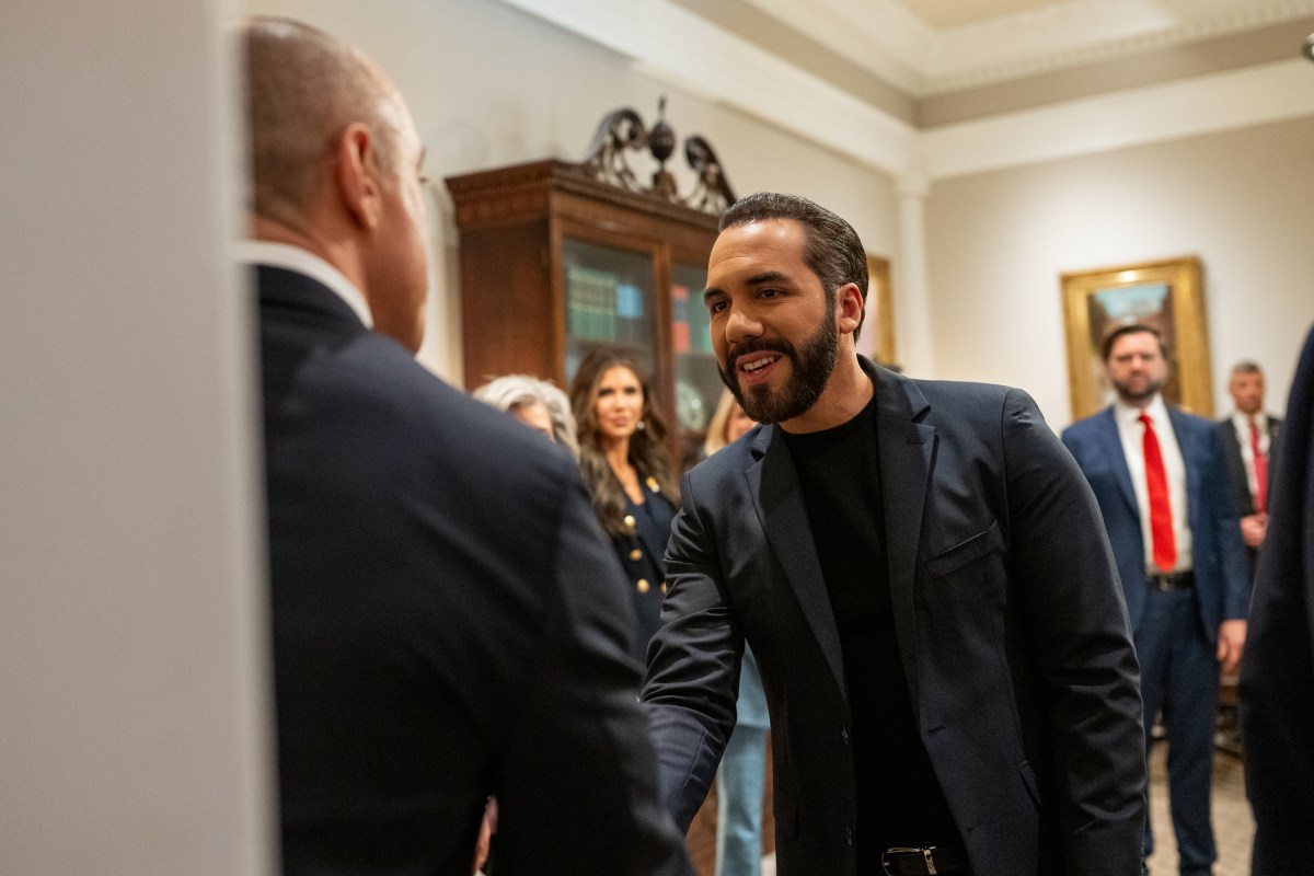 President Nayib Bukele of El Salvador greets members of the U.S. delegation in the West Wing Lobby of the White House, Monday, April 14, 2025, as he arrives for a bilateral meeting with President Donald Trump. (Official White House Photo by Joyce N. Boghosian)