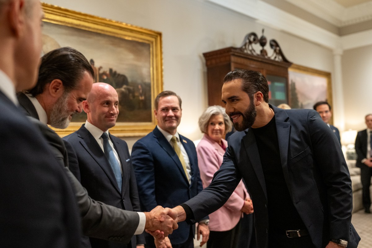 President Nayib Bukele of El Salvador greets members of the U.S. delegation in the West Wing Lobby of the White House, Monday, April 14, 2025, as he arrives for a bilateral meeting with President Donald Trump. (Official White House Photo by Joyce N. Boghosian)
