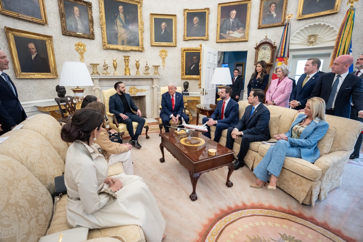 President Donald Trump hosts a bilateral meeting with President Nayib Bukele of El Salvador, Monday, April 14, 2025, in the Oval Office. Vice President JD Vance attends. (Official White House Photo by Emily J. Higgins)