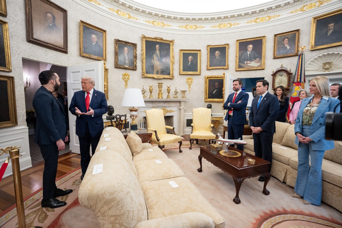 President Donald Trump and President Nayib Bukele of El Salvador enter the Oval Office prior to a bilateral meeting, Monday, April 14, 2025. (Official White House Photo by Emily J. Higgins)