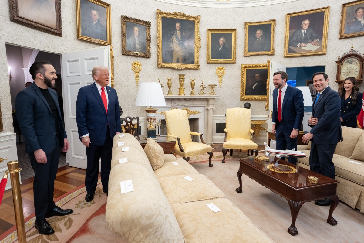 President Donald Trump and President Nayib Bukele of El Salvador enter the Oval Office prior to a bilateral meeting, Monday, April 14, 2025. (Official White House Photo by Emily J. Higgins)