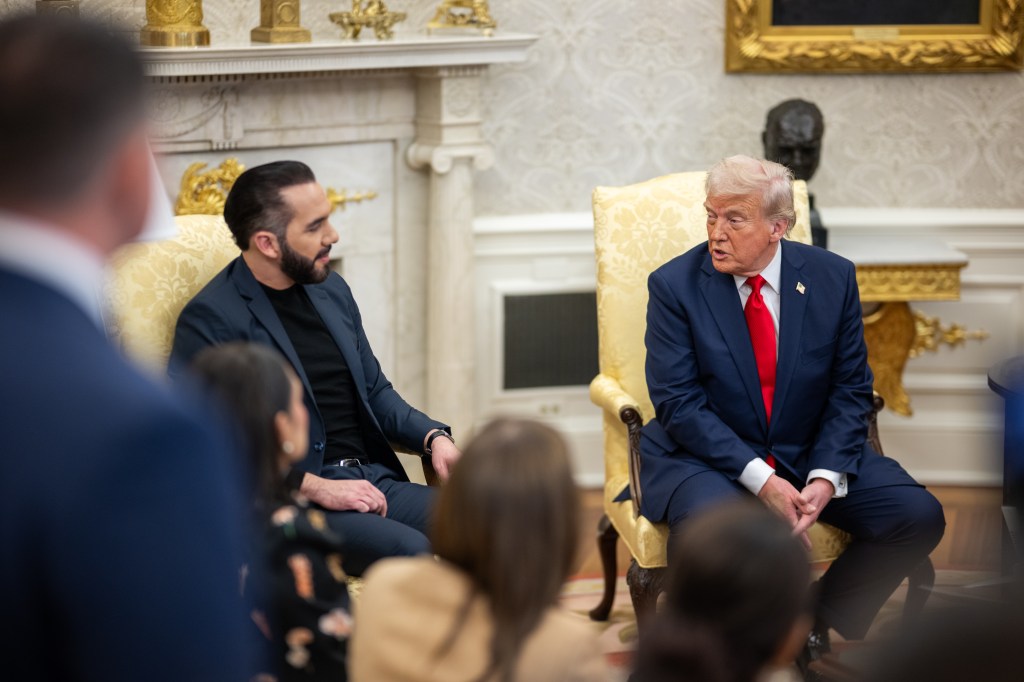 President Donald Trump hosts a bilateral meeting with President Nayib Bukele of El Salvador, Monday, April 14, 2025, in the Oval Office. (Official White House Photo by Daniel Torok)